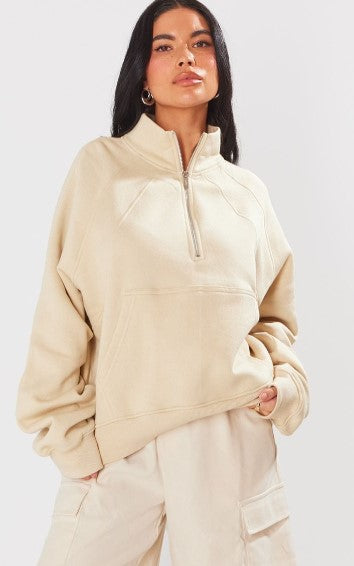 Cream Panelled Detail Zip Up Pocket Sweatshirt