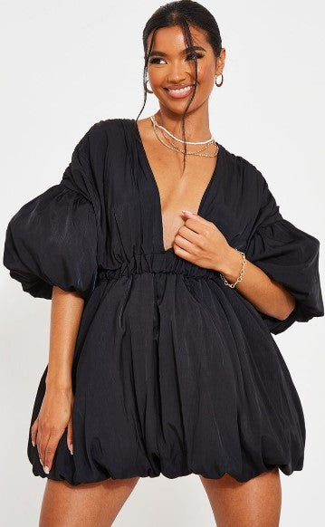 Black Puff A-Line Mini Smock Dress