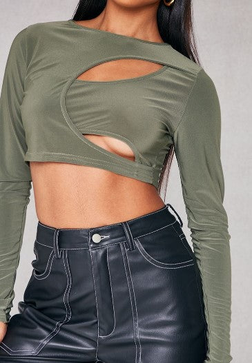 KHAKI SLINKY LONG SLEEVE CUT OUT FRONT CROP TOP