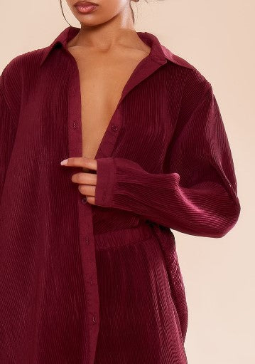 Oxblood Plisse Button Front Oversized Shirt