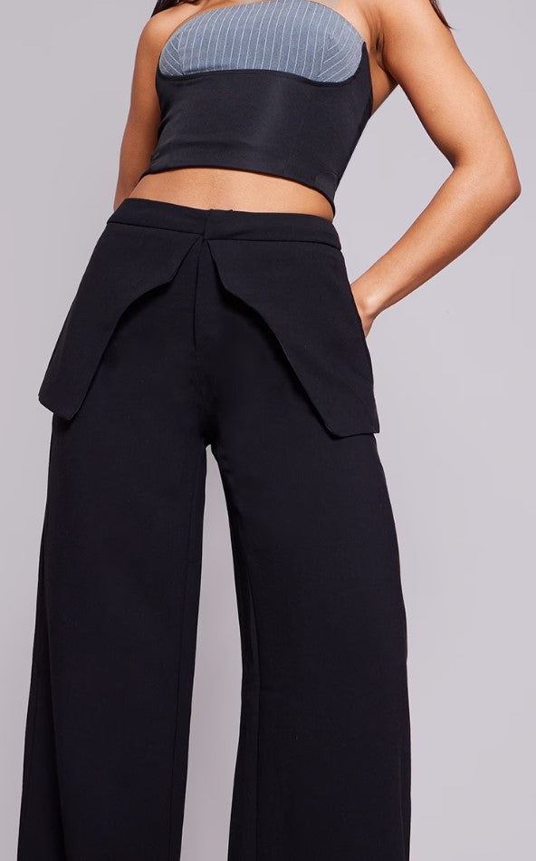 Black High Waisted Peplum Detail Straight Leg Trousers