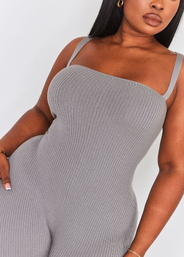 Plus Charcoal Knitted Ribbed Strappy Jumpsuit