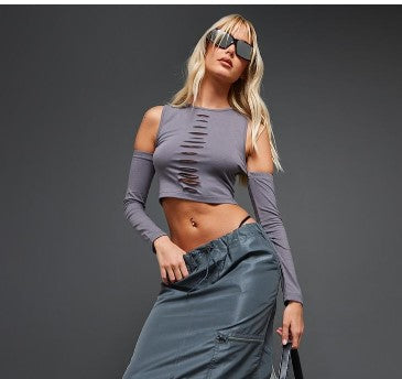 Steel Blue Jersey Slashed Cold Shoulder Crop Top