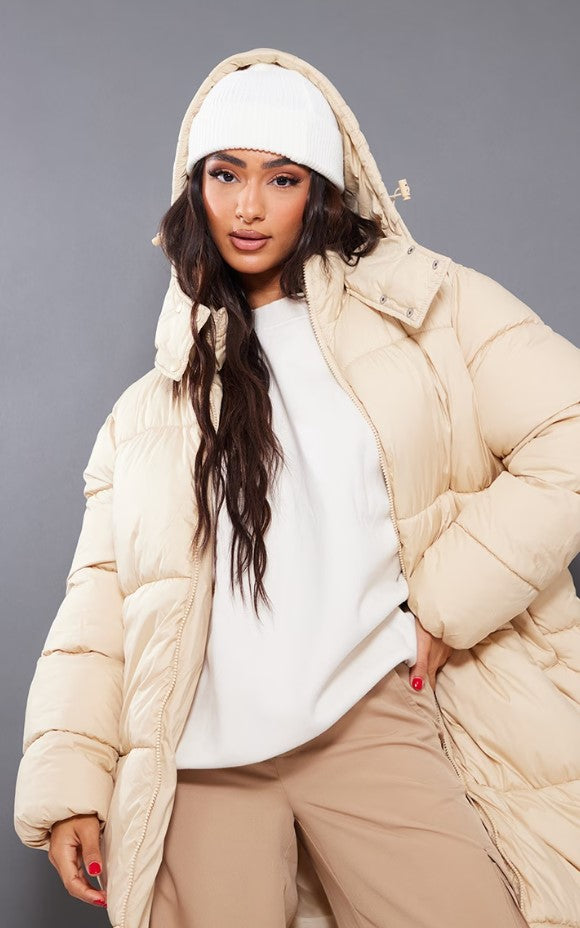 Petite Camel Long Puffer Coat