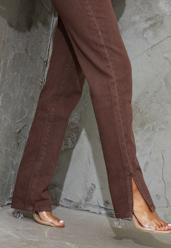 Brown Split Hem Straight Leg Jeans