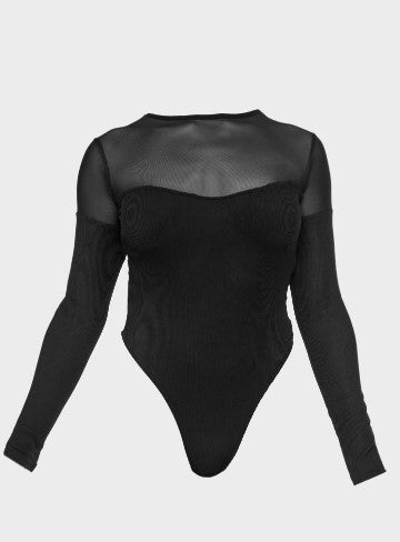 Black Rib Mesh Conrast Long Sleeve Bodysuit