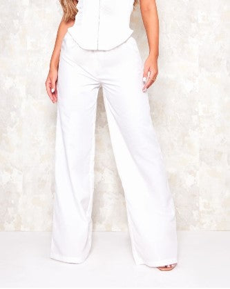 White Woven Wide Leg Cargo Trousers