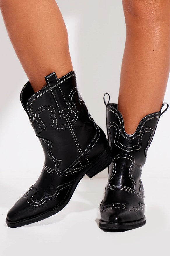 Black PU Point Toe Ankle Western Boots