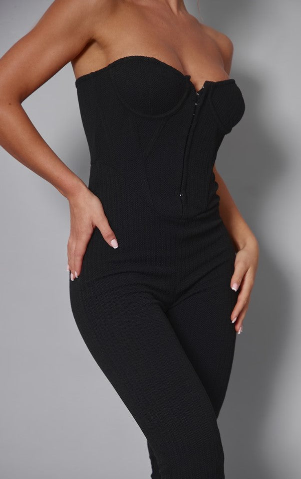 Black Textured Rib Corset Bandeau Split Hem Jumpsuit