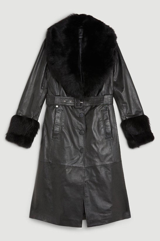 Shearling Cuff And Collar Leather Coat