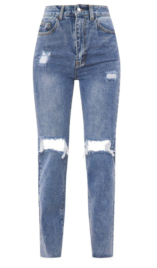 Mid Wash High Rise Ripped Straight Leg Jeans