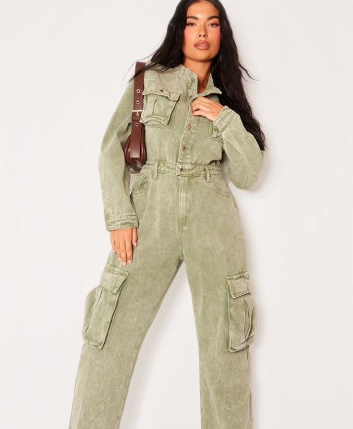 Petite Washed Green Denim Cargo Wide Leg Jumpsuit