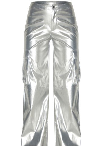 SILVER METALLIC FAUX LEATHER WIDE LEG CARGO TROUSERS