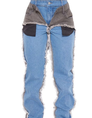 Light Blue Wash Layered Effect Straight Leg Jeans