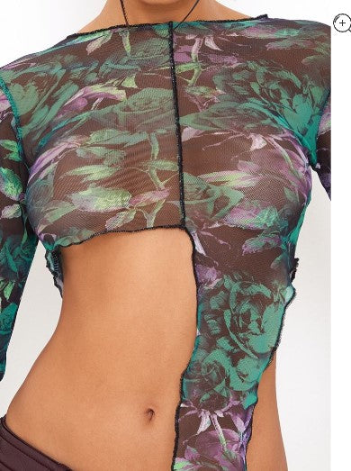 DARK GREEN ABSTRACT PRINT MESH CONTRAST SEAM CROP TOP