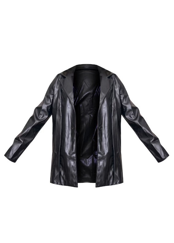 Black Longline Lapel Detail Faux Leather Blazer