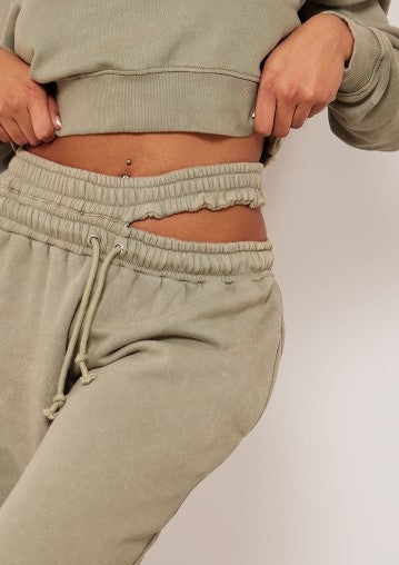 TALL GREEN ACID WASH CUT OUT WAISTBAND DETAIL JOGGERS