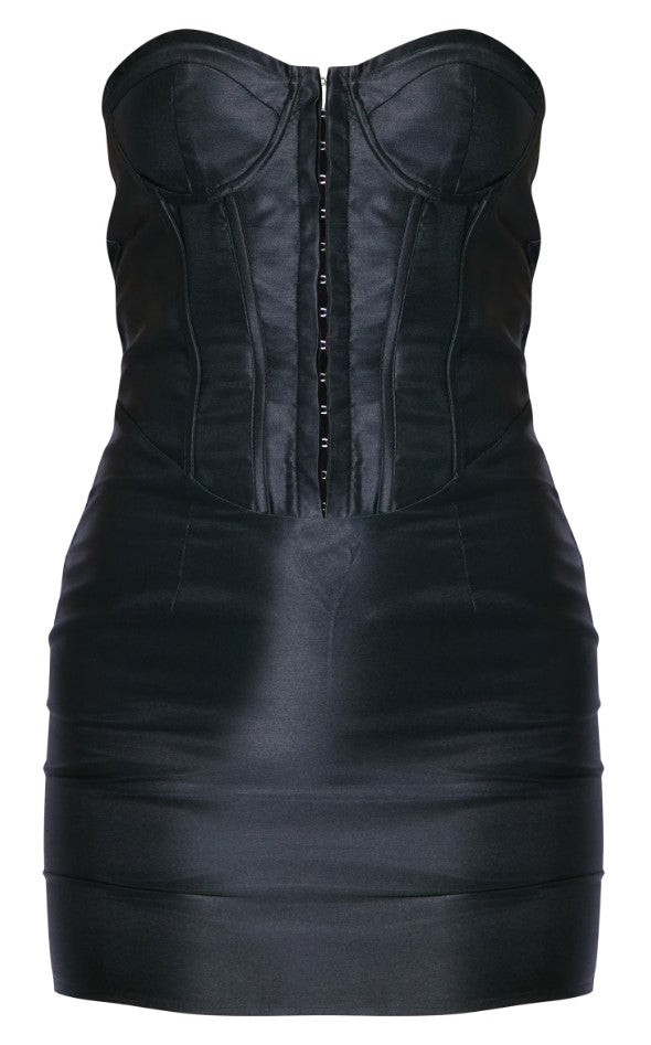 Black Satin Hook & Eye Corset Bandeau Bodycon Dress