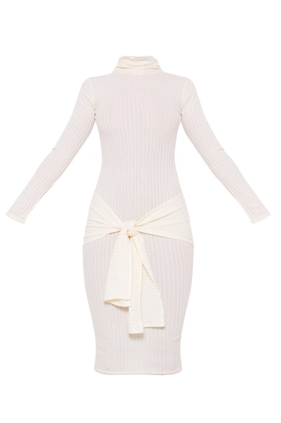 Cream Long Sleeve High Neck Knot Front Midaxi Dress