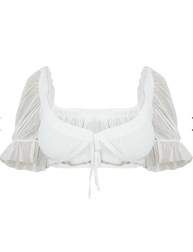 White Mesh Tie Front Detail Puff Sleeve Bralet