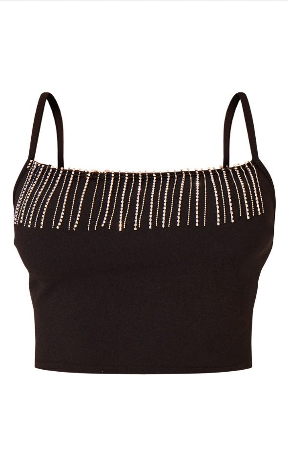 Black Stretch Woven Diamante Trim Crop Top