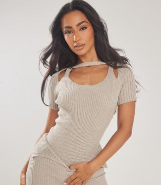 Petite Oatmeal Knitted Cut Out Bodysuit