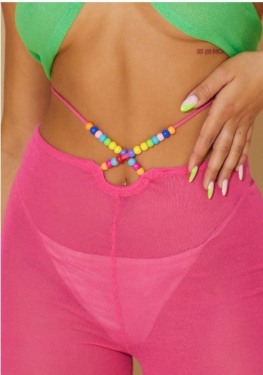 Hot Pink Sheer Knit Beaded Tie Waist Legging