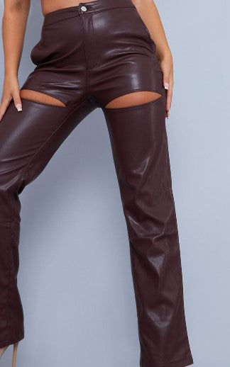 Chocolate Faux Leather Thigh Split Straight Leg Trousers