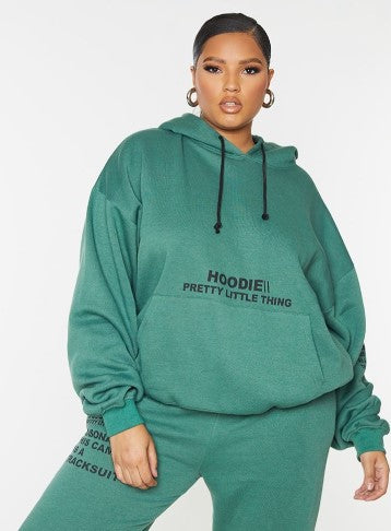 PLUS GREEN SLOGAN PRINT POCKET FRONT OVERSIZED HOODIE