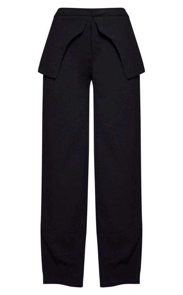 Black High Waisted Peplum Detail Straight Leg Trousers