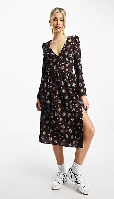 Long sleeve midi with button front detailing in brown floral