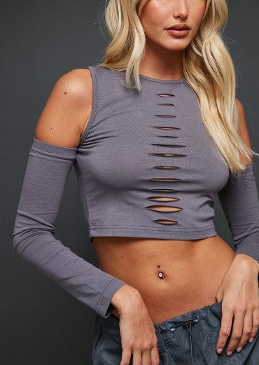 Steel Blue Jersey Slashed Cold Shoulder Crop Top