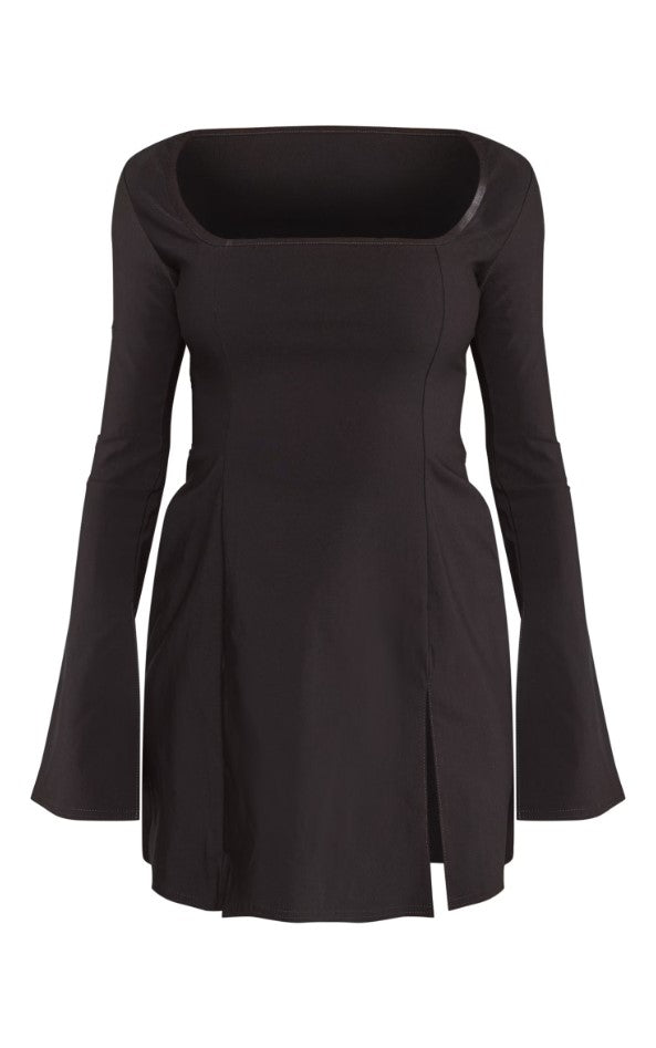 Black Stretch Woven Square Neck Pleated Shift Dress