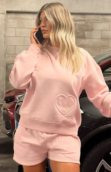 Baby Pink Oversized Heart Embossed Sweatshirt