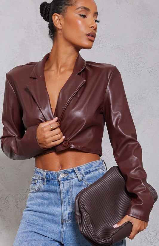 Chocolate Basic Double Breasted Faux Leather Cropped Blazer