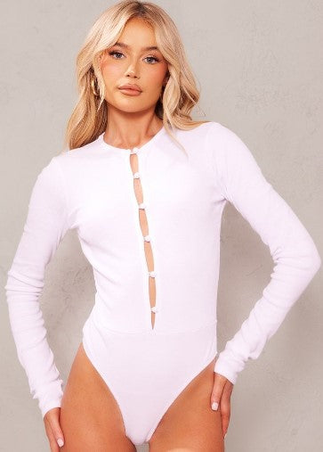 White Ribbed Button Up Bodysuit