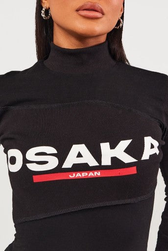 Black Osaka Slogan Long Sleeve High Neck Bodycon Dress