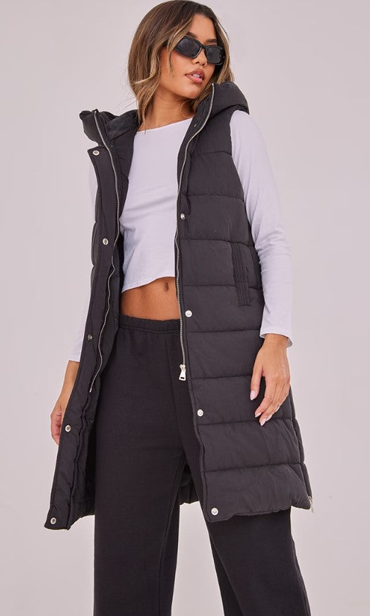 Black Panel Padded Longline Gilet