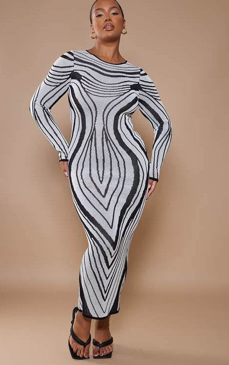 Plus Monochrome Striped Knitted Midaxi Dress