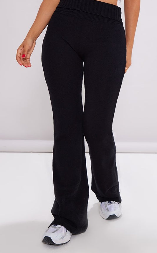 Petite Black Knitted Fold Over Flared Trousers