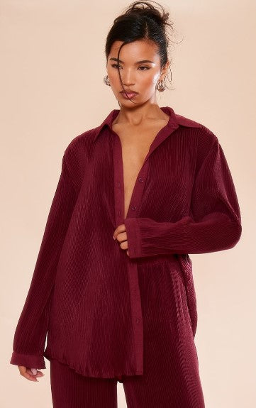 Oxblood Plisse Button Front Oversized Shirt