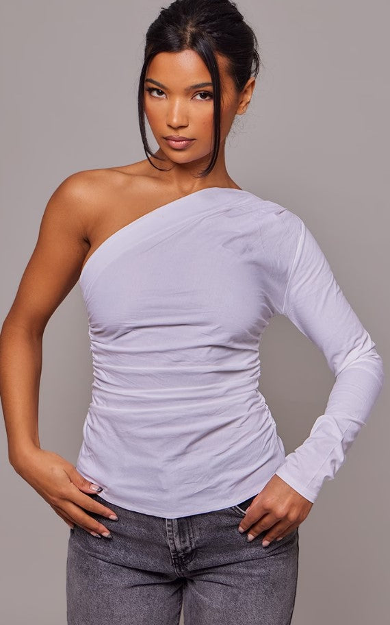 White One Shoulder Ruched Side Top