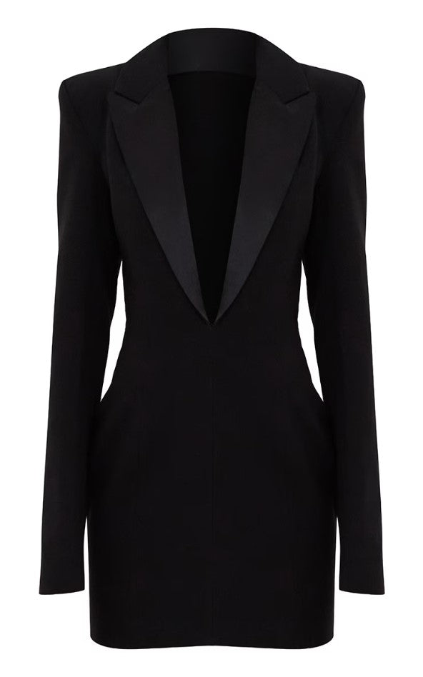 Black Tailored Satin Lapel Blazer Dress