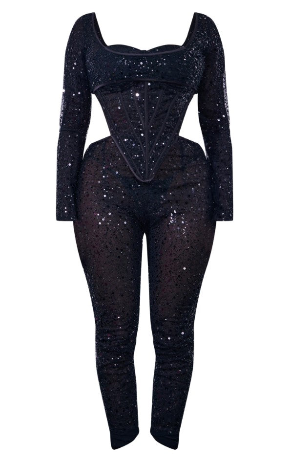 Shape Black Sequin Mesh Corset Detail Jumpsuit