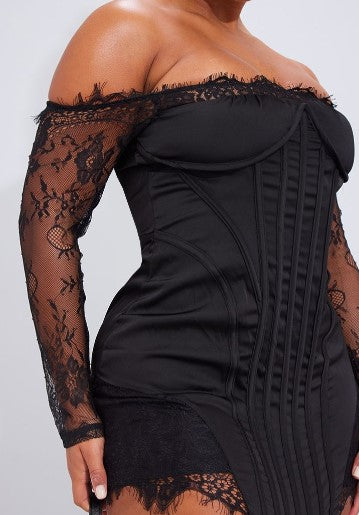 shape black satin lace insert bardot corset bodycon dress