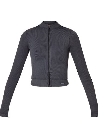 Charcoal Acid Wash Seamless Ribbed Zip Up Cropped Sports Jacket