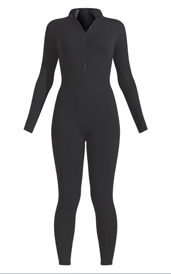 Black Structured Contour Rib Zip Jumpsuit