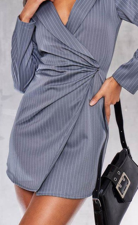 Charcoal Grey Woven Pinstripe Ruched Detail Blazer Dress