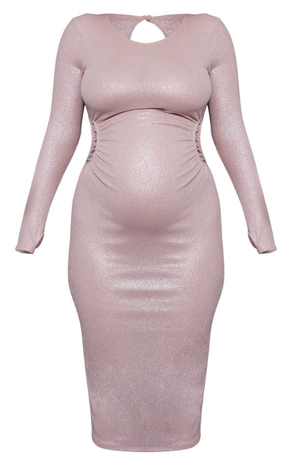 MATERNITY SILVER METALLIC CUT OUT RUCHED MIDI DRESS