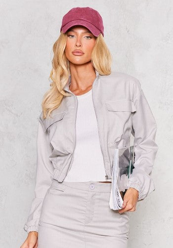 Grey Tailored Woven Pocket Detail Cropped Bomber Jacket